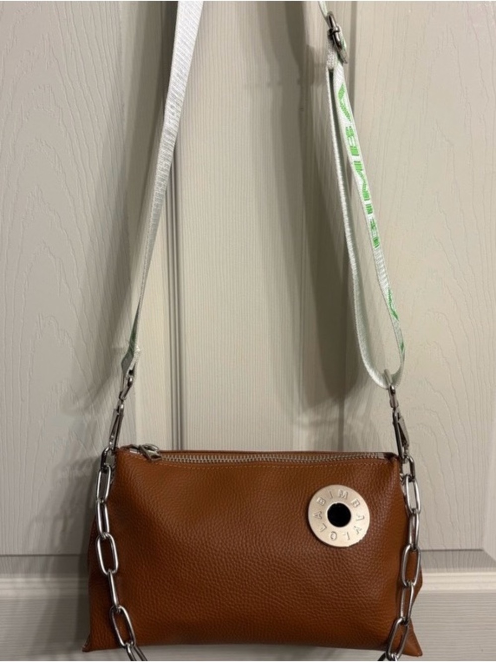 Bimba Y Lola Brown Leather Crossbody Bag with Chain Accent